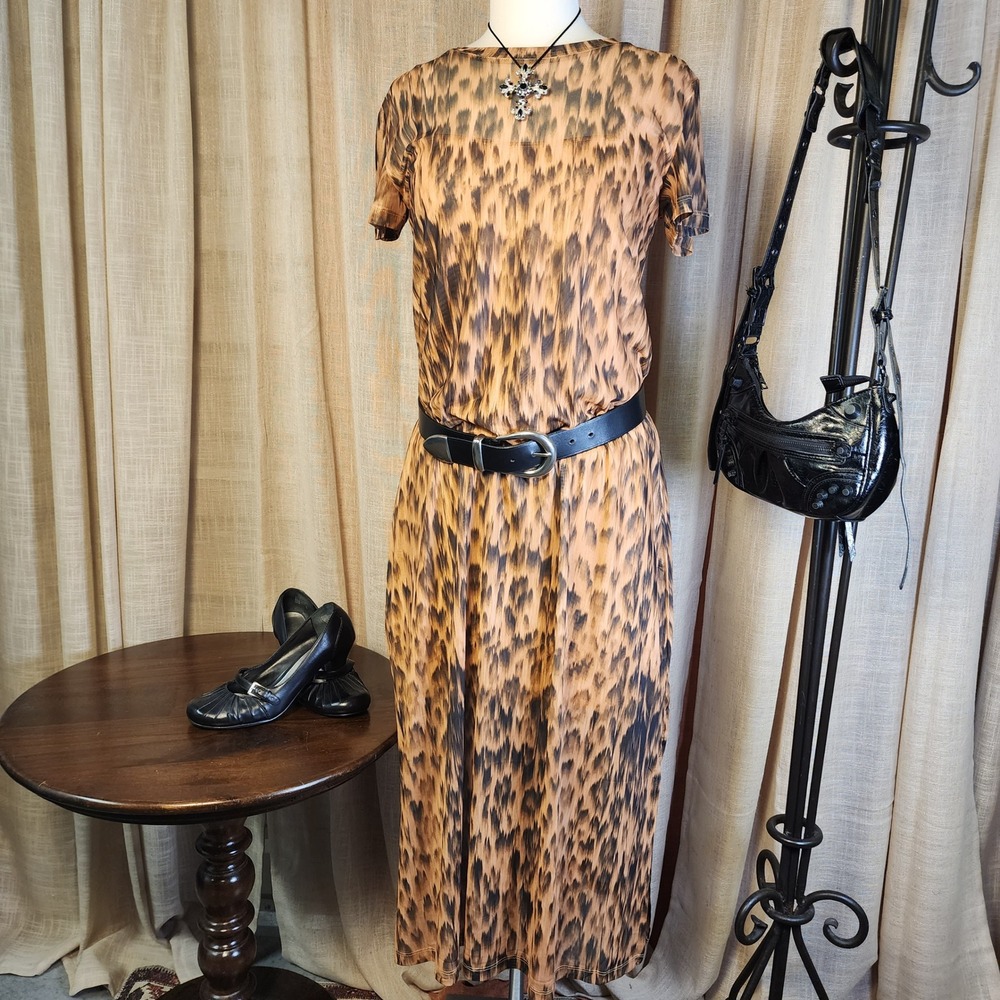 Steve Madden Leopard Mesh Maxi Dress L Sheer Nude Slip Y2K Animal Print